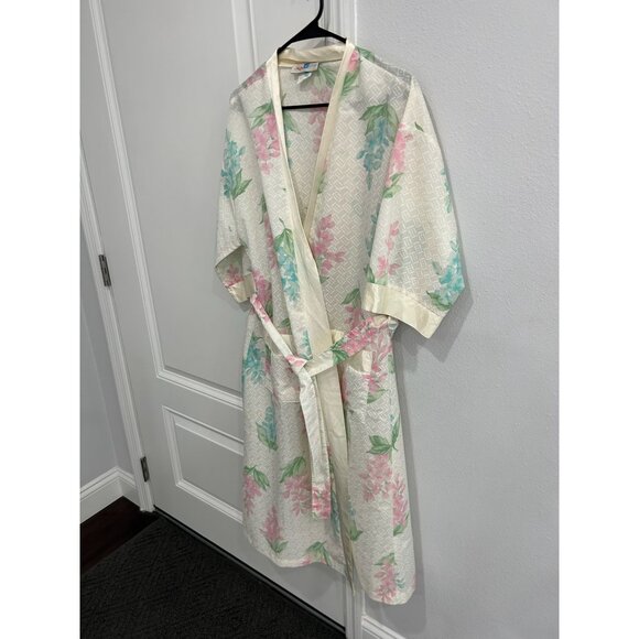 Ashley Ames Vintage Floral Tie Waist Robe Pink Green Sz Small Retro Bohemian - Picture 3 of 10